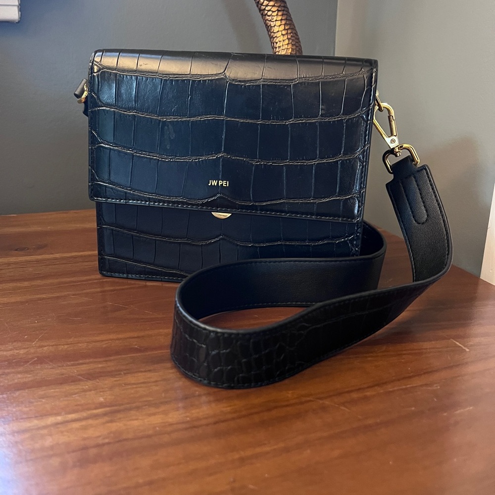 JW PEI Black Croc Embossed Shoulder Bag
